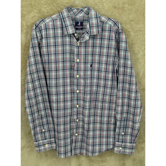Johnnie O Shirt Mens Medium Blue Red Plaid Maritime Button Up Casual 100% Cotton - Picture 1 of 9